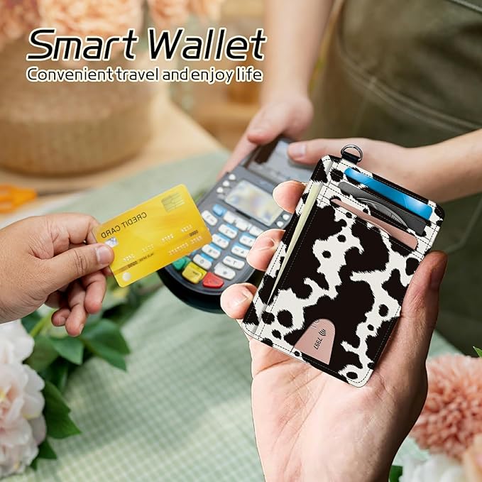 Small Travel Wallets, Cow Skin Slim Minimalist Front Pocket Wallet with Wristlet, RFID Blocking PU Leather Credit Card Holder with ID Window Change Purse for Men Women