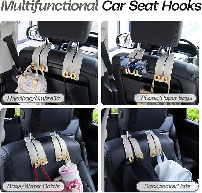 Car Headrest Hooks Universal Car Purse Hook Premium Leather and Alloy Twin Hook Car Seat Back Storage Hanger Hook for Purse Bags Cloth Drink Durable Holder Car Accessories (BH09-White-Gold)
