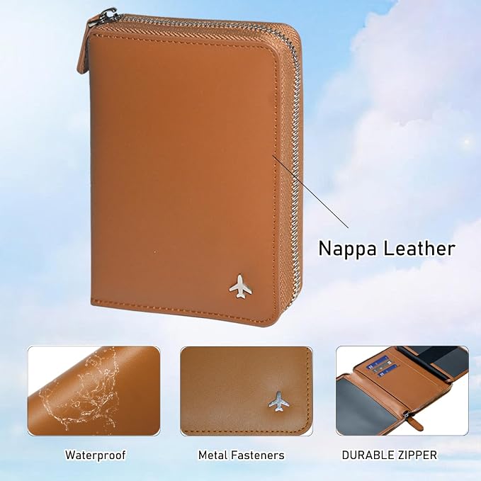 Pilot Wallet Passport Holder RFID Blocking Nappa Leather Travel Wallet, Stylish Travel Companion for Aviation Professionals (Brown Silver)