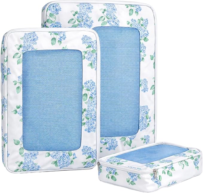 Shinylin 3 Set Blue Floral Compression Packing Cubes for Travel Small Medium Large Luggage Packing Organizers Toiletries Bag for Cosmetics Clothing Accessories Shoes Bags Women Men