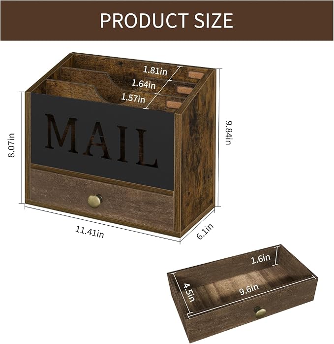 YINMIT Mail Organizer Countertop with 3 Compartments and Drawer, Mail Holder for Desk, Mail Sorter, Mail Organizer Wall Mounted, Countertop Desk Office Accessories Organizer for File Paper Folder