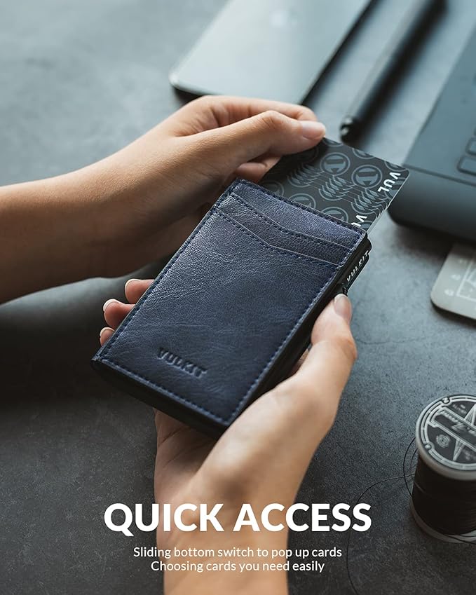 VULKIT Men's Slim Wallets Pop Up Card Holder RFID Blocking Metal Wallet Minimalist Design Holds Up to 11 Cards