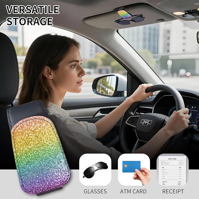 Sunglasses Holder for Car Visor, PU Leather Glasses Clip Organizer, Cute Magnetic Eyeglass Holder for Vehicle Sun Visor, Car Interior Accessory for Women & Men Rainbow Gold Glitter