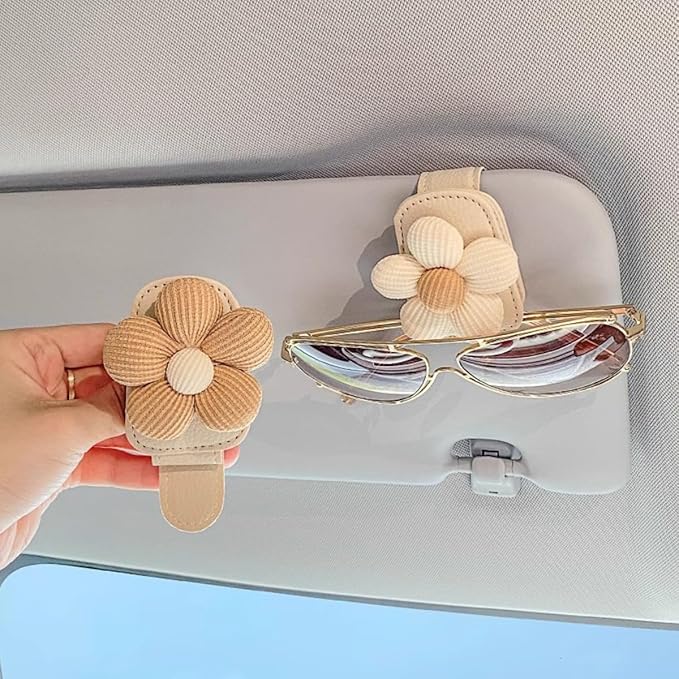 2pcs Car Sunglass Clip Flowers Magnetic Leather Sunglasses Holders for Car Interior Visor and Different Size Eyeglasses (Brown（2pcs）)