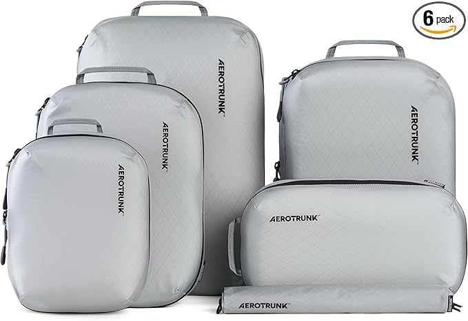 Aerotrunk Ultralight Compression Packing Cubes - Lightweight Travel Organizers for Suitcases and Luggage (6-Pack, Light Grey)