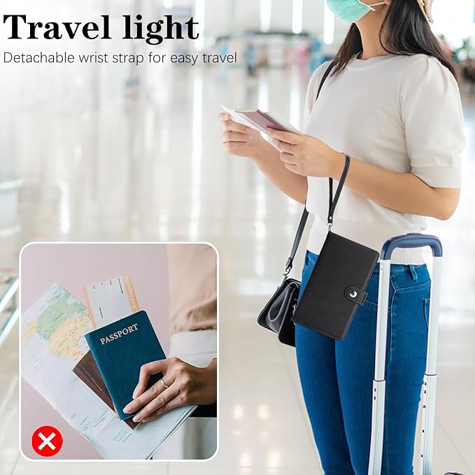 Passport Holder for Travel Essentials, RFID Blocking PU Leather Wallet Cover with Wristlet Strap Magnetic Closure Passport Book Holders Case for Women and Men, Black