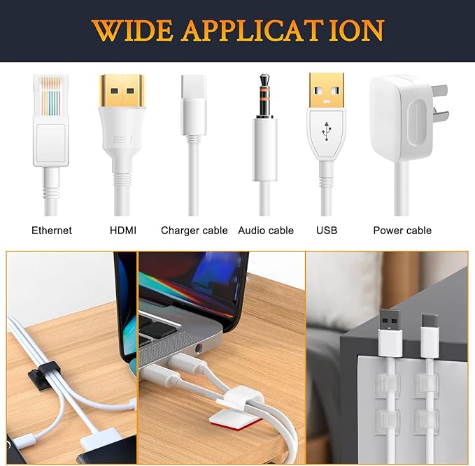 SOULWIT 50 Pcs Self Adhesive Cable Management Clips, Cable Organizers Sticky Wire Clips Cord Holder for TV PC Laptop Ethernet Cable Desktop Home Office (White)