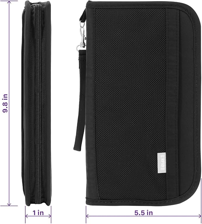 Fosmon Passport Bag, RFID Blocking Travel Document Organizer, Black | Polyester material, slim RFID-blocking wallet, compact 9.8x1x5.5 inches, for airplane travel, unisex.