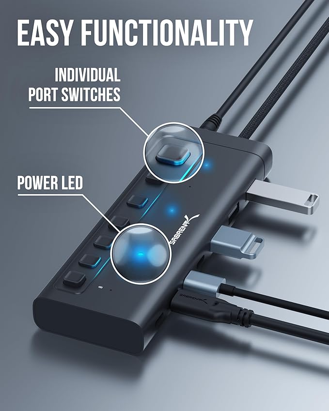 SABRENT 7-Port USB-C Hub with Power Switches, 5Gbps USB 3.2, 48W Powered Hub with 3 USB-A + 4 USB-C Ports, 20W PD, LED Status, Aluminum Body – for Mac, PC, Steam Deck, ROG Ally (HB-3A4C)