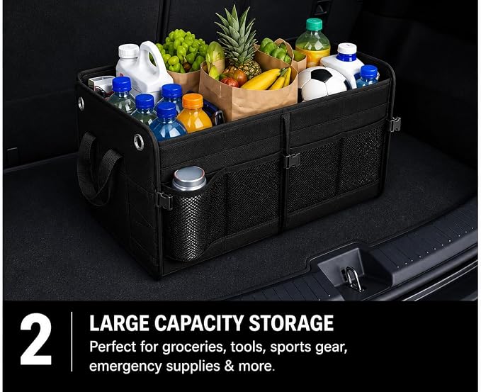 Car Trunk Organizer – Foldable Storage with 3 Compartments, Heavy Duty, Collapsible Cargo Organizer for SUV, Truck & Car (Black)