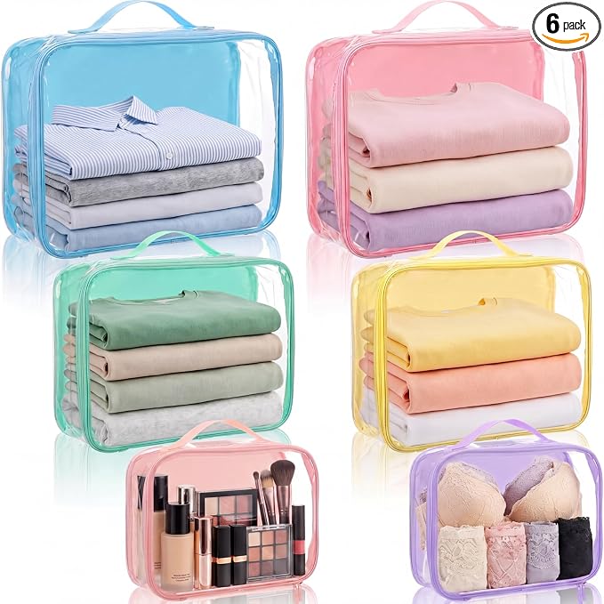 6 Pcs Clear Packing Travel Cubes Set Reusable See Through Premium PVC Plastic Organizer Bag with Handle for Summer Camp Travel Luggage Storage Organizer Multipurpose Pouch Toiletry Bag(Bright Color)