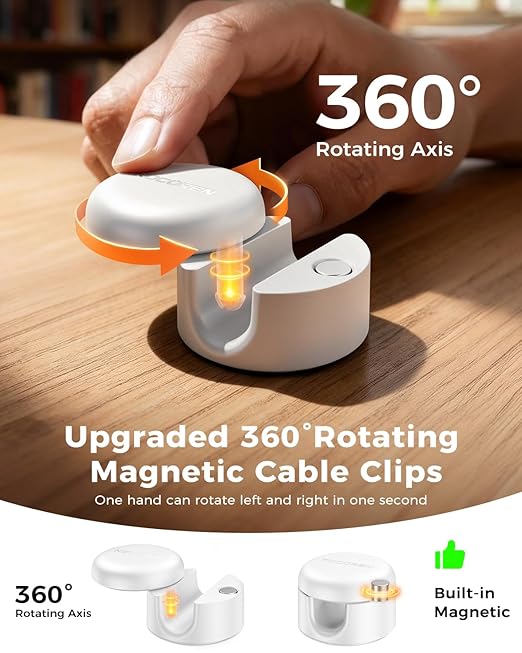 9-Pack Cable Clips [Upgraded], Rocoren Magnetic 360° Rotatable Cord Holder, Adhesive Cable Management Organizer, Wire Keeper for Nightstand Desk Car Home Office Accessories White