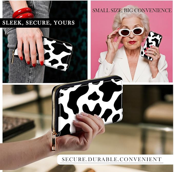 RFID-Blocking Zip Around Wallets for Women with Detachable Wrist Strap,Large Capacity Phone Holder with Card Organizer & Coin Pocket,Cow Print