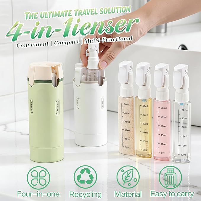 4 in 1 Travel Dispenser Bottle for Flying Essentials Camping Toiletries Pump Leak Proof Size Portable Containers for Shampoo Lotion Creams Body Wash Conditioner Refillable Attached Label (White)