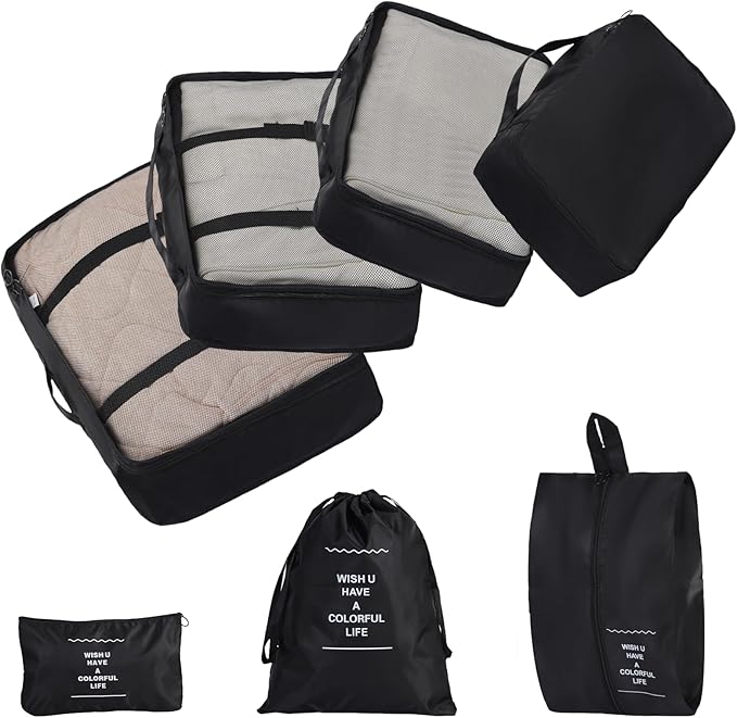 7 Set Packing Cubes for Travel,Suitcase Organizer Bags for Luggage with Shoe Bag, Vacation Travel Essentials & Accessories for Cruise Ship, Airplane Must-Have,Road Trip & Camp Gifts(Black)