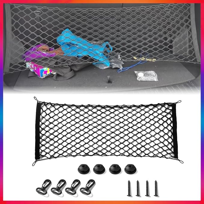 Universal Double Layer Cargo Net for SUV,Stretchable Rear Cargo Net,35.4× 15.8 inch Elastic Trunk Storage Net with Hooks,Black Storage Organizer for Car SUV and Trucks