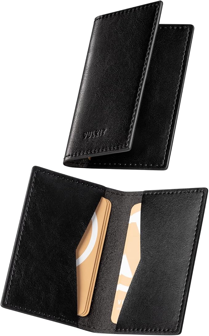 VULKIT Leather Business Card Holder 2 Sided Slim Business Name Card Organizer for Men or Women, Up to hold 20 cards (Vintage Black)