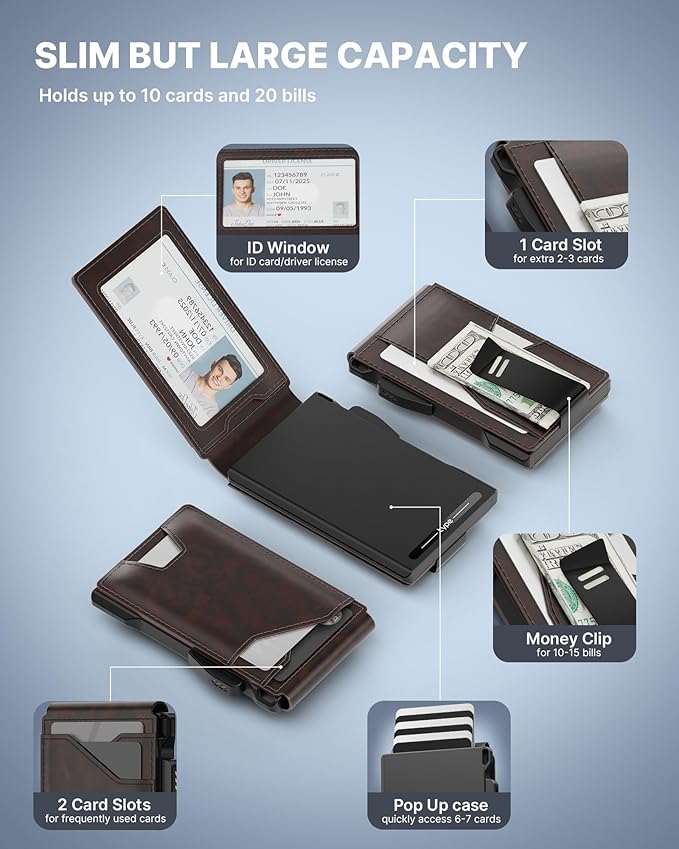 typecase Tactical Wallet for Men Card Holder: Pop Up Card Case, Genuine Leather, Smart, RFID Blocking, Slim, Minimalist, Thin, Front Pocket - 9-13 Card Capacitiy, ID Window, Money Clip (Deep Brown)