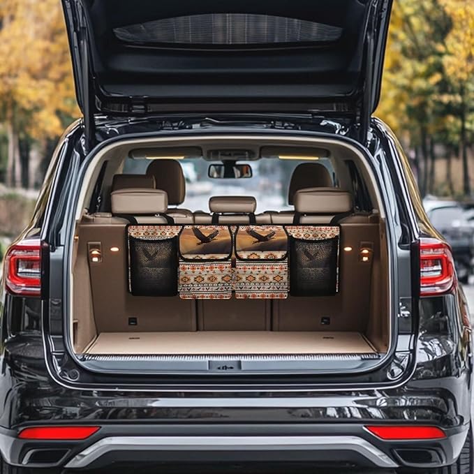 Hanging Trunk Organizer Aztec Eagle Car Back Seat Storage with 4 Large Pockets Foldable Automotive Interior Accessories for Sedans MPV SUV Jeep Trucks Van
