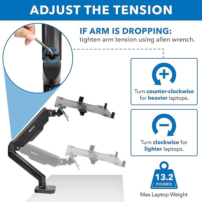 Mount-It! Laptop Desk Mount Arm with Gas Spring, Height Adjustable Laptop Stand for Desk, Fits Laptops up to 17 Inch, Full Motion Laptop Tray Mount with Clamp or Grommet Installation