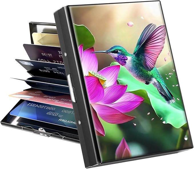 Metal Wallet, Credit Card Holder for Women Men Girls, RFID Blocking Aluminum Wallet Slim Hard Case, Mini Travel Wallet, ID Card Holder Business Card Case,Hummingbird Lotus