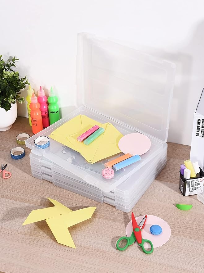 Denkee 4 Pack A4 Paper Organizer Box, Plastic Scrapbook Paper Organizer Containers for Craft and Arts Storage, Portable Board Game Storage for Art Supplies 8.5" x 11" US Letter