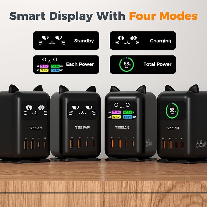 USB C Charger Block PD 65W, TESSAN Charging Station for Multiple Devices, Desktop Tower Charger with 4 USB Ports for iPhone 17/16/15, MacBook, Tablet, Office Home Dormroom, Black
