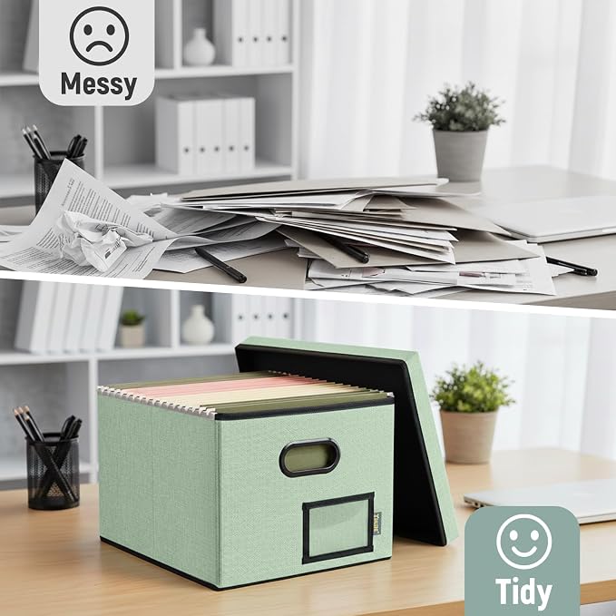BALEINE File Organizer Box with Lid, Collapsible File Folder Organizer with Plastic Slide, Filing Box for Office Home Document Organizer Storage (Green, 4PK)