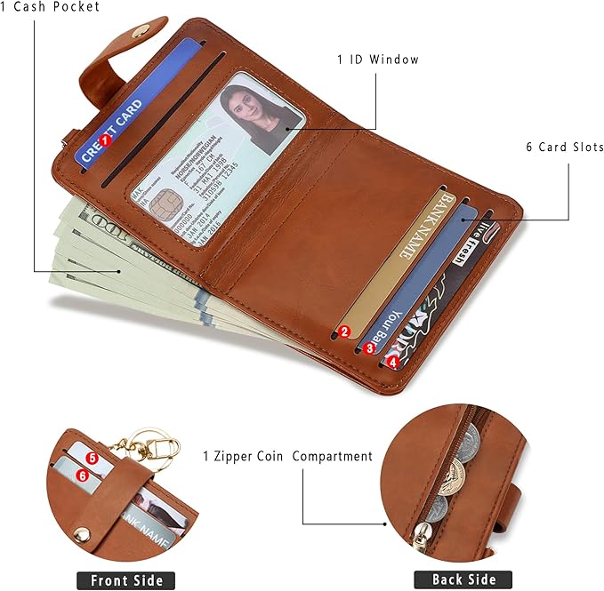 Airkit Small Wallets Woman RFID Blocking Leather Credit Card Holder - with ID Window - Card Wallets for Women - with Zipper Coin Purse - Keychain Wallet