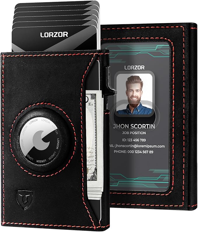 LORZOR Slim Airtag Wallet Pop Up Wallet, Genuine Leather Mens Wallet with Airtag Holder & ID Window, Minimalist RFID Blocking Metal Wallet for Men (Air Tag Not Included)
