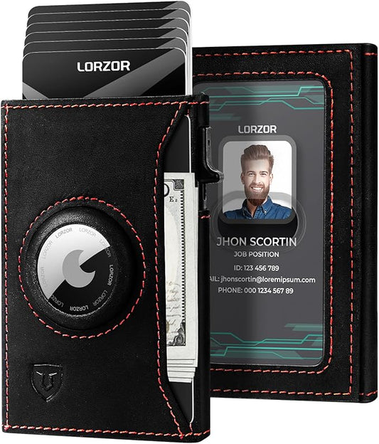 LORZOR Slim Airtag Wallet Pop Up Wallet, Genuine Leather Mens Wallet with Airtag Holder & ID Window, Minimalist RFID Blocking Metal Wallet for Men (Air Tag Not Included)