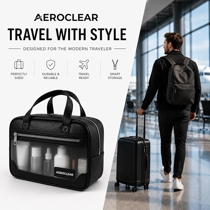 Premium Clear Toiletry Bag, TSA Approved Waterproof Organizer | Rigid structure, clear visibility, 3-compartment organization, sleek black finish