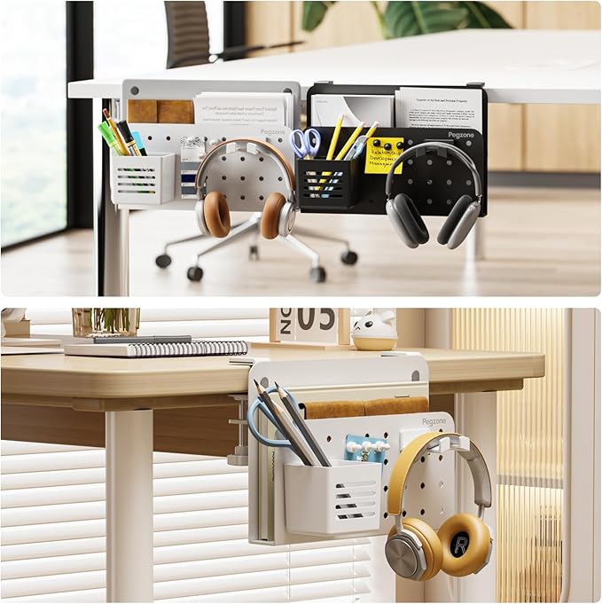 Desk Side Storage Organizer, No Drill Under Desk Laptop Holder, Clamp on Desks Shelf with Pegboard Accessories, Hanging Laptop Mount, Fits Flat Edge 0.4" to 2.2", White