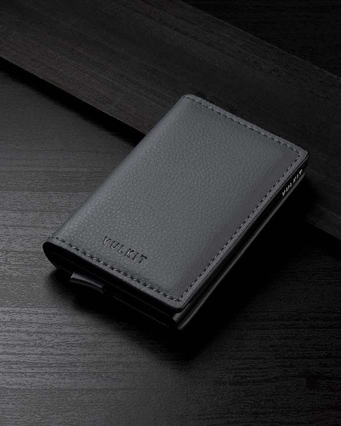 VULKIT Credit Card Holder RFID Blocking Leather Automatic Pop Up Wallet Aluminum Pocket Business Card Case
