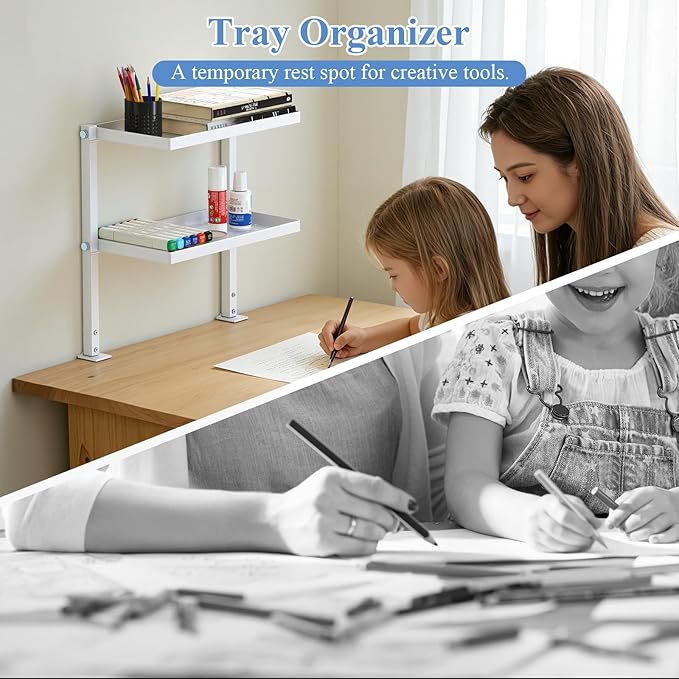 Jumyee Metal Clamp On Desk Shelf with 2-Tier Storage, 270° Flip Magnetic Clamp On Pegboard Organizer with 6 Hooks, Desktop Organizer White Desk Shelf for Home Office Gaming Accessories(White)
