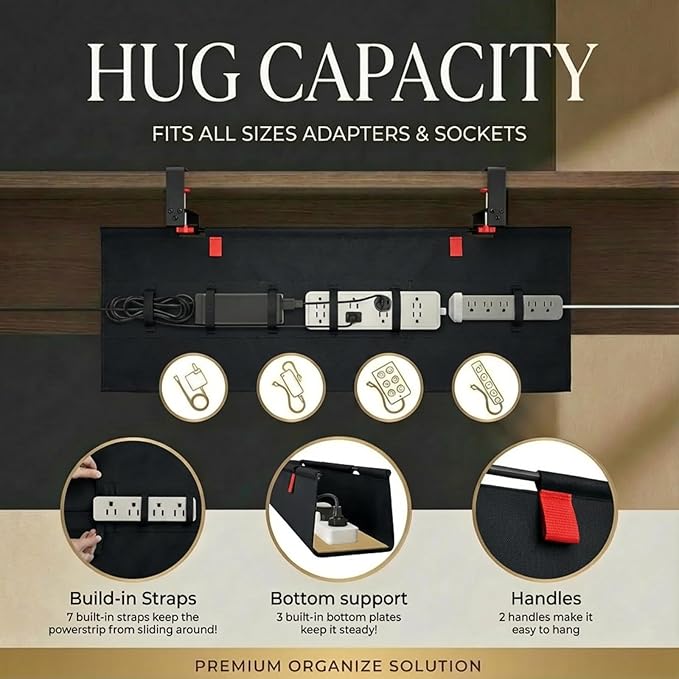 [Upgraded] Under Desk Cable Management, 28" Cord Organizer,with Silicone Pads (No Scratch!),16 Cable Ties, Washable PE Honeycomb Base,Fits Any Desk 0-2.1",No Stinky Cardboard! Black 28"L x 6.0"W