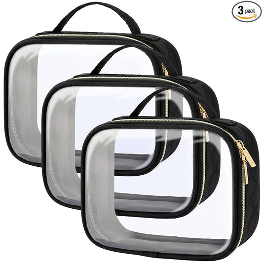 PACKISM TSA Approved Toiletry Bag 3 Medium, 3-1-1 Compliant Clear Makeup Bags with Handle, Quart Size Toiletry Bags Fit Carrv-on Travel Essentials, Water Resistant PVC, Black