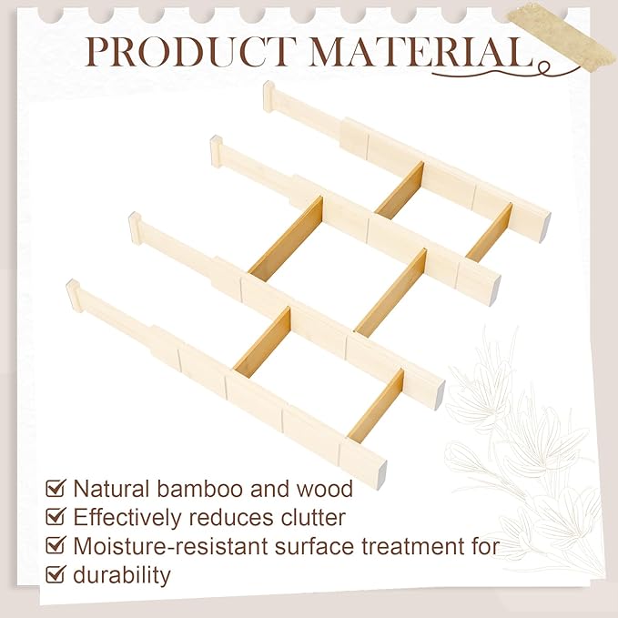 18 Pack Bamboo Drawer Dividers Inserts 3 Sizes Adjustable for Drawer Organizers Kitchen Utensils Storage Home Office Bathroom Dresser Cosmetic, 7.1 x 2.3 in, 4.7 x 2.3 in, 3.15 x 2.3 in