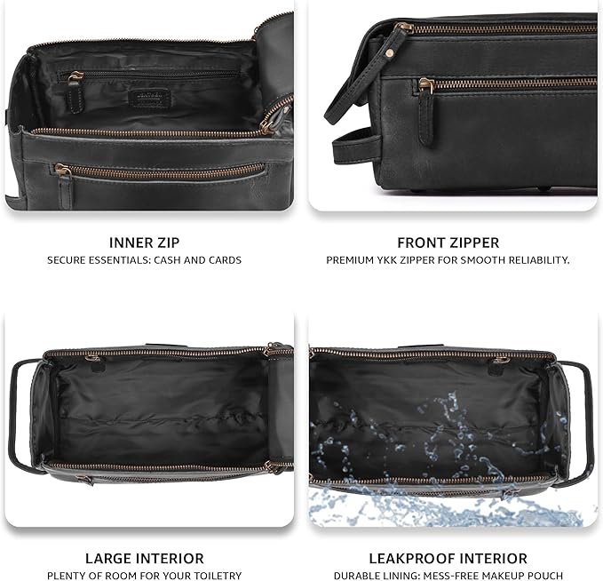 LEATHER VILLAGE Genuine Leather Travel Toiletry Bag - Water-Resistant Dopp Kit for Toiletries, Large Shaving Bag & Bathroom Organizer - Gift for Men & Women - Distressed Black