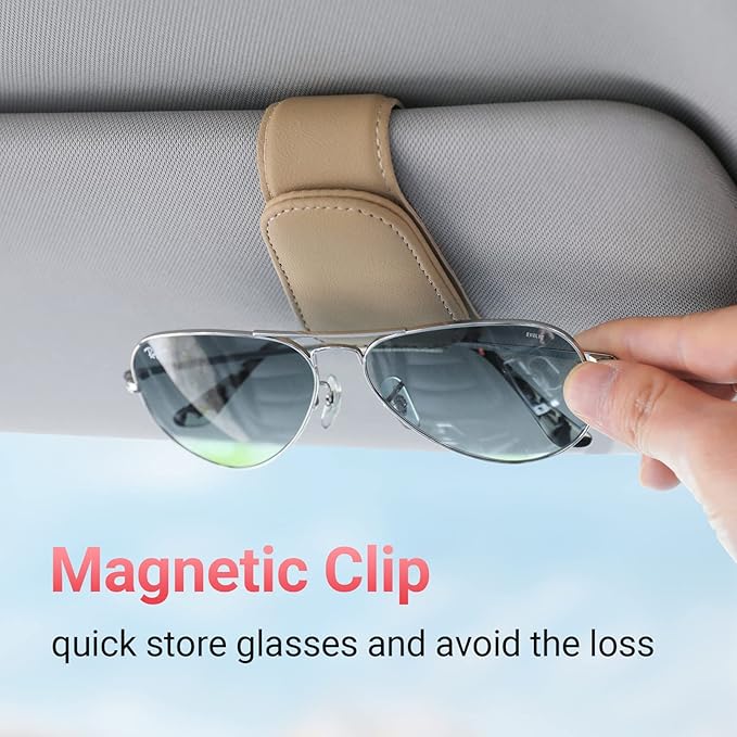 KanSmart Sunglass Holder for Car Visor Sunglasses Clip Magnetic Leather Glasses Eyeglass Holder Truck Car Interior Accessories Universal for Woman Man -Beige