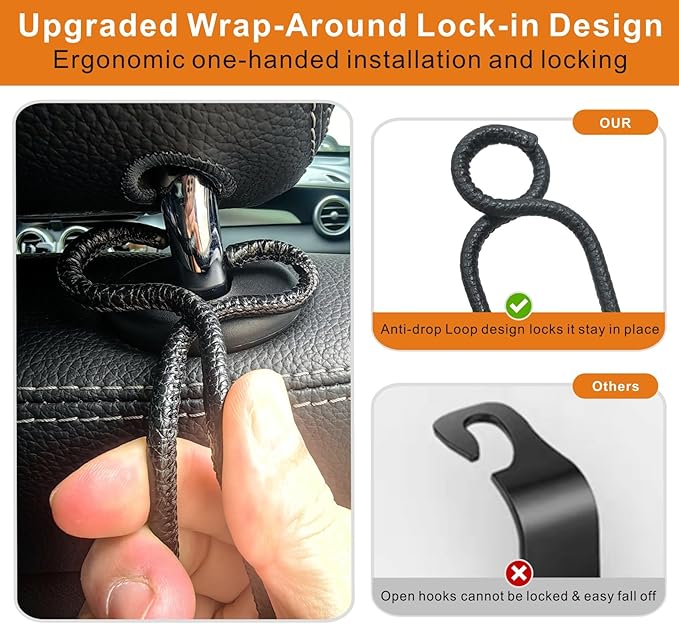 Car Headrest Hooks for Purse and Bag - 2 Pack Car Seat Hooks for Grocery Handbag, Car Interior Accessories for Men Women, Heavy-Duty Metal Car Purse Holder Covered by Leather - Black Leather/2L
