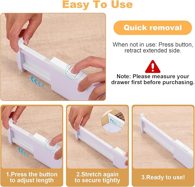 5 Pack Drawer Dividers, 4 Inch High Adjustable Dresser Drawer Organizers, Expandable from 14.8-22 inch Separators for Clothes, Kitchen, Office, Bathroom Organization, White