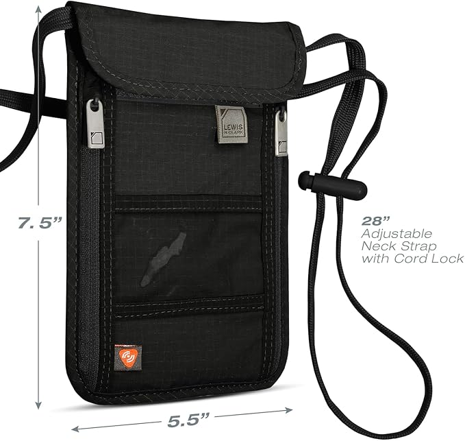 Lewis N. Clark RFID Blocking Stash Neck Wallet, Travel Pouch Passport Holder for Women & Men, Black
