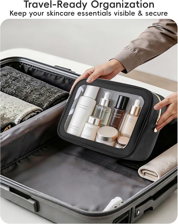 Clear Makeup Bag for Women, Large 11-Inch Transparent Travel Toiletry Bag, PU Leather Cosmetic Pouch Organizer with Smooth Gold Zipper, Portable Wash Bag for Luggage & Carry-on (Beige/Black)