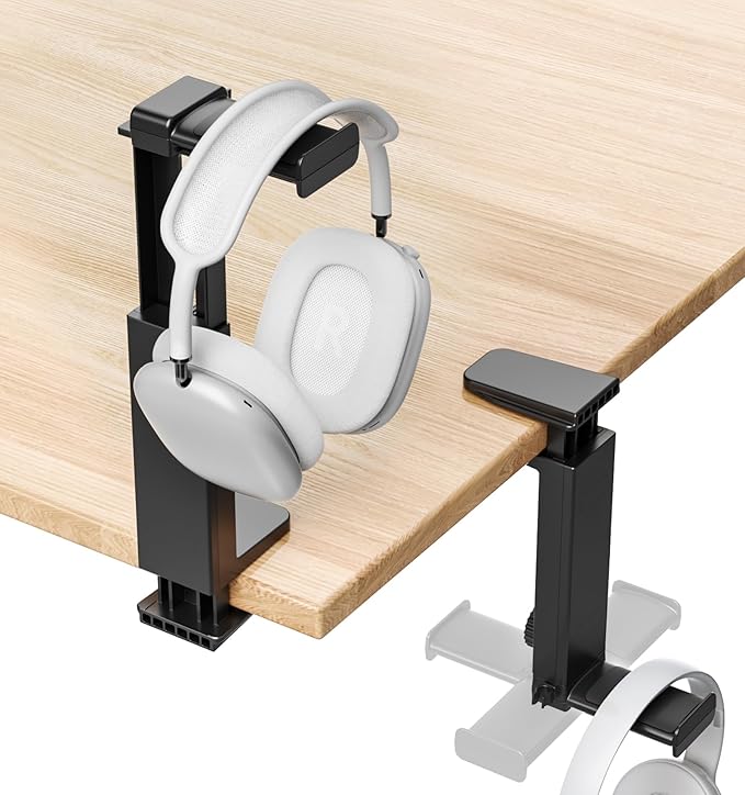 Headphone Stand & Hanger for Desk, 2 in 1 Above & Under Desk Gaming Headset Holder Mount with Height Adjustable & Rotating Clamp, Dual-sided Anti-slip Pad, Earphone Rack with Cable Clip, 1 Hooks