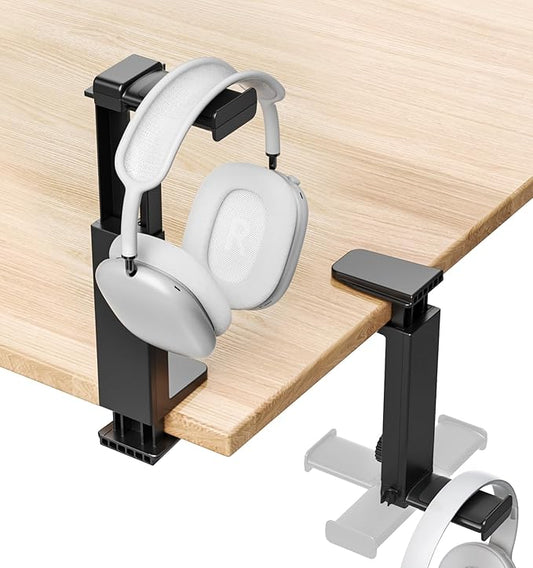 Headphone Stand & Hanger for Desk, 2 in 1 Above & Under Desk Gaming Headset Holder Mount with Height Adjustable & Rotating Clamp, Dual-sided Anti-slip Pad, Earphone Rack with Cable Clip, 1 Hooks