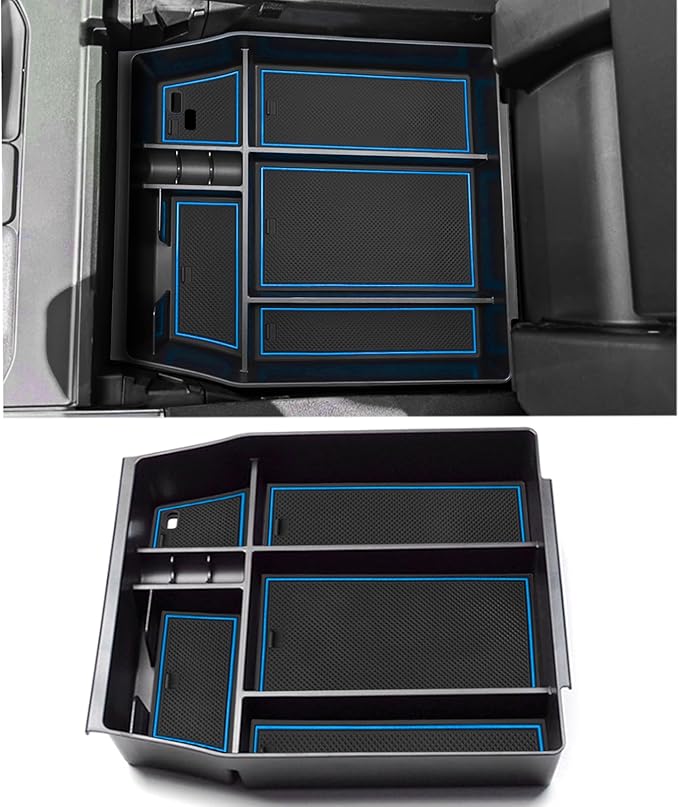Center Console Organizer Tray for Ford F150 2021 2022 2023 2024 Accessories Interior Secondary Storage Armrest Box Insert Hidden Cubby Drawer (Full Console w/Bucket Seats ONLY) (Blue Trim)