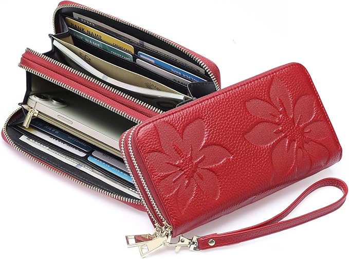 GOIACII Women's Wallet Large Capacity Double Zip Ladies Card Phone Holder RFID Blocking Wristlet Leather