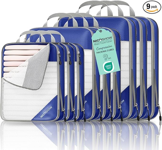 9 Set Compression Packing Cubes for Travel - Compressible, Lightweight, and Space-Saving Packing Cubes, Travel Essentials for Women, Royal Blue