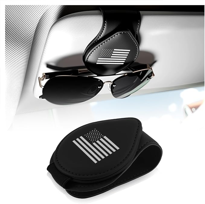 Sunglass Holder for Car with American Flag Pattern,Stylish Sunglasses Holder for Car Sun Visor with Magnetic Design for Storing Glasses or Cards,Leather Cars Sunglass Holders